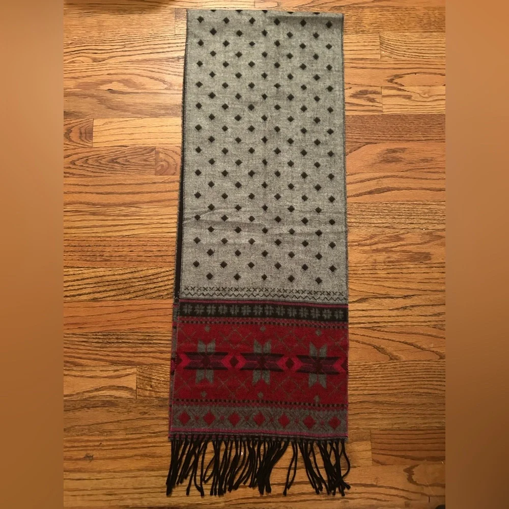 Merona Men's Rustic Outdoorsy Patterned Black Grey Red Winter Fringed Scarf